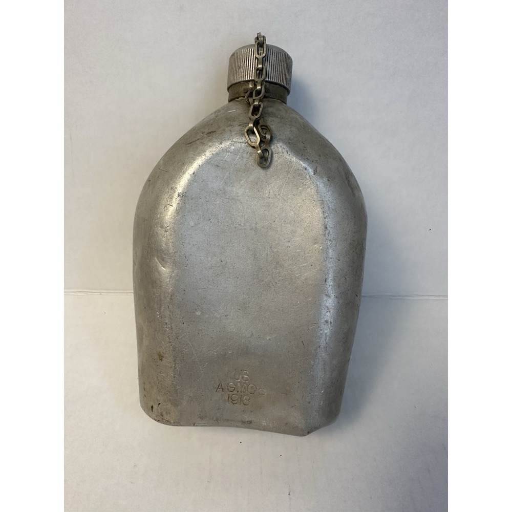 Vintage WWI US Army Aluminum Canteen M1910 AGM Co 1918 Original Cap & Chain